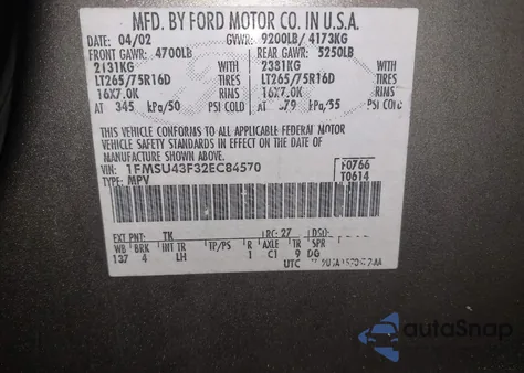 2002 Ford Excursion Limited из США, поврежденный, VIN 1FMSU43F32EC84570